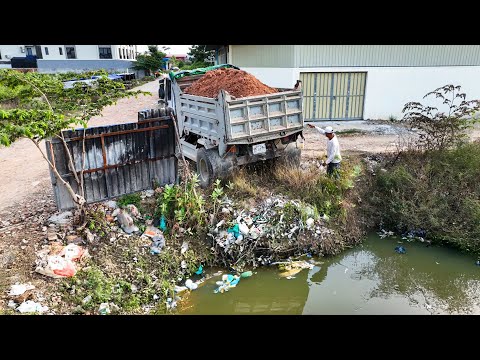 First Start Amazing Project!! LANDFILL Delete Pond Using Dozer Pushing Soil with 5ton Trucks