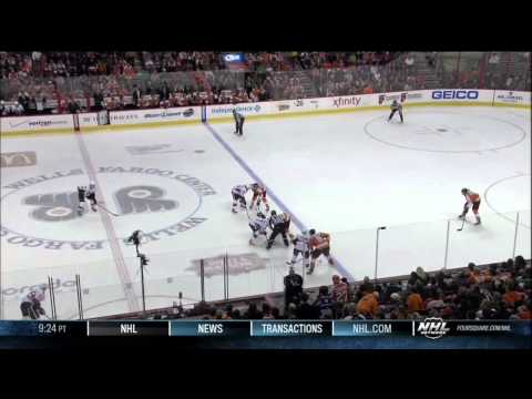 Zac Rinaldo vs Kaspars Daugavins fight, Mike Lundin hit Mar 2 2013 Senators vs Philadelphia Flyers