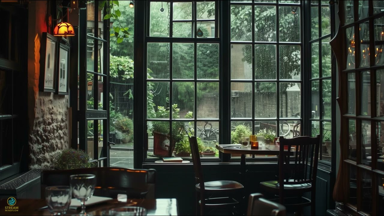 Warm Cafe Interior Overlooking Rainy Street with Bicycle and Soft Lighting (3 Hours Ambience)