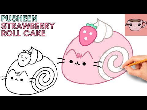 How To Draw Pusheen Cat - Strawberry Roll Cake | Cute Easy Step By Step Drawing Tutorial