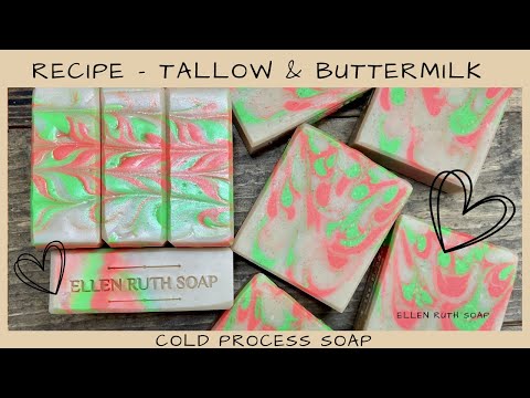 Recipe - Tallow & Buttermilk 🧡💚  Cold Process Soap w/ Drop Swirl #soap | Ellen Ruth Soap