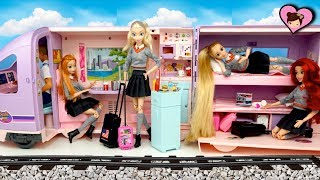 Barbie Rapunzel &amp; Elsa Train Travel Evening Routine - Barbie Doll Train Toy