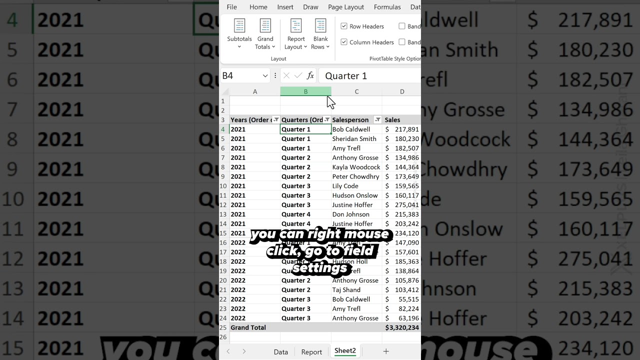 Repeating and Centering Labels in a PivotTable