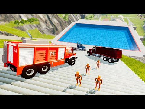 Heavy Vehicle Stairs Jumps Down In Pool With Crash Test Dummy - BeamNG.drive Down Stairs Jumps