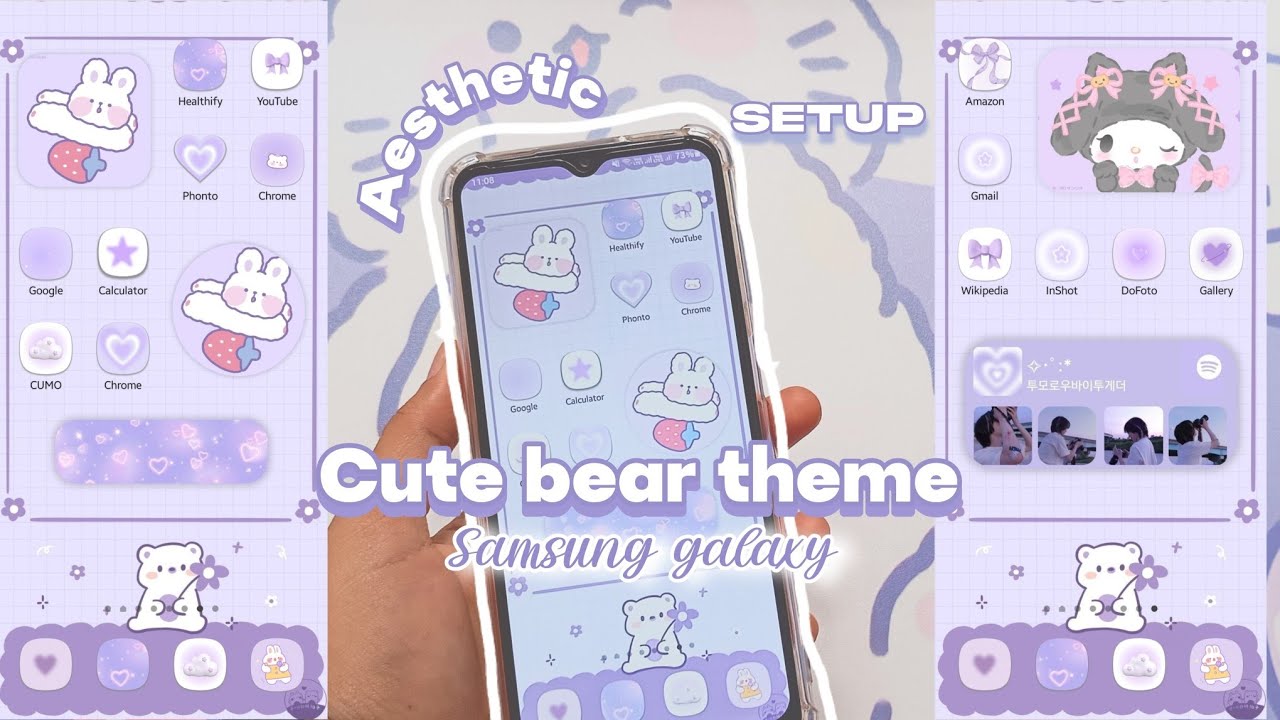 how to make your android phone aesthetic | cute bear purple theme 💜 | setup & customisation