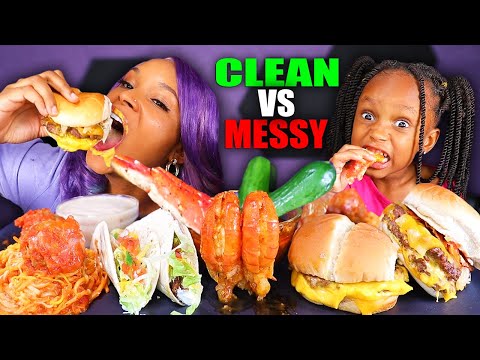 MESSY VS CLEAN 먹방 챌린지 (치즈 버거 파스타 타코 & 해산물 먹방) QUEEN BEAST & LAYLA