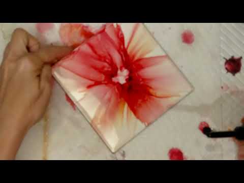 #171Beautiful red alcohol ink flower on tile for the beginner