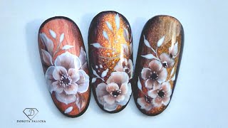 Autumn cat eye nail art with one stroke flowers. Beautiful fall cat eye nail design tutorial. 
