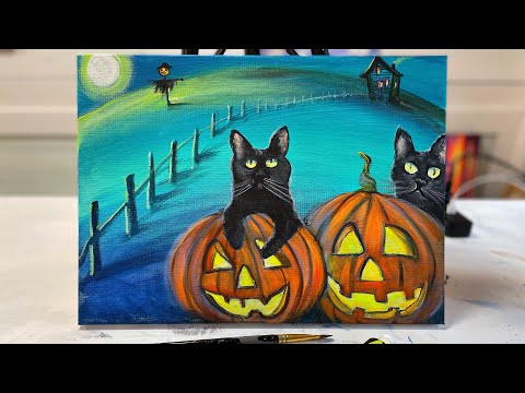 How To Paint BLACK CATS & PUMPKINS 🎃 Step By Step Painting tutorial
