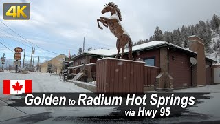 Winter drive through the Rocky Mountains from Golden to Radium Hot Springs in BC Canada