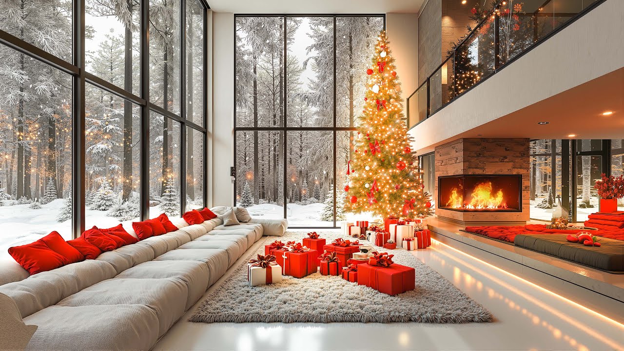 ❄ Snow Ambience at Cozy Living Room on Christmas Day 2025 🎄🎅 Christmas Jazz by Fireplace to Chillout