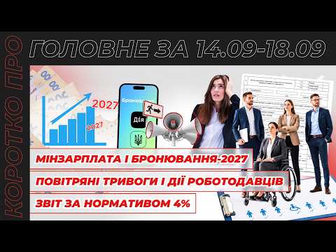 відео прев’ю для Мінзарплата і бронювання-2027, повітряні тривоги по-новому, Звіт за нормативом 4% та перевірки лікарняних ПФУ. Коротко про головне за тиждень 14.09 – 18.09.2026