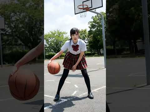 制服姿の女子高生がドリブルをしている