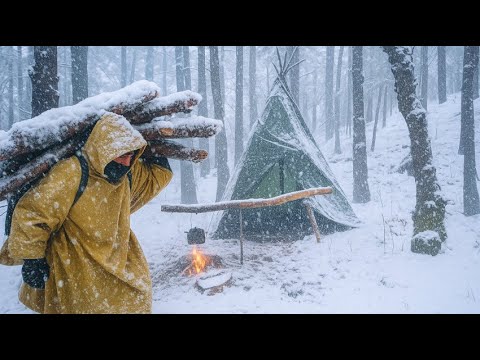 Winter Camping in a Bushcraft Shelter - Cooking and Survival in the Cold