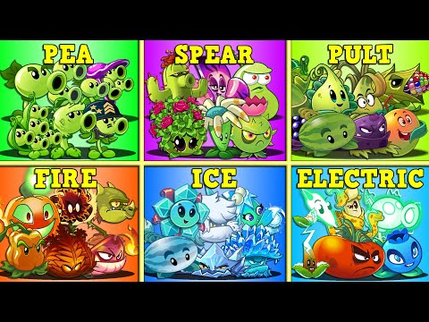 PvZ 2 - All Plants 6 Team PEA x SPEAR x PULT x FIRE x ICE x ELECTRIC Battlez - Who Will Win?