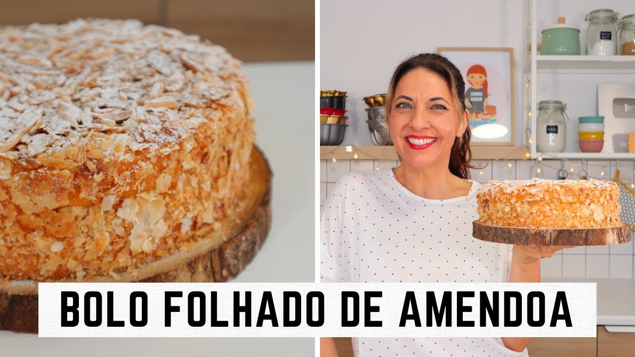 Bolo de aniversário de amêndoa folhado e doce de ovos