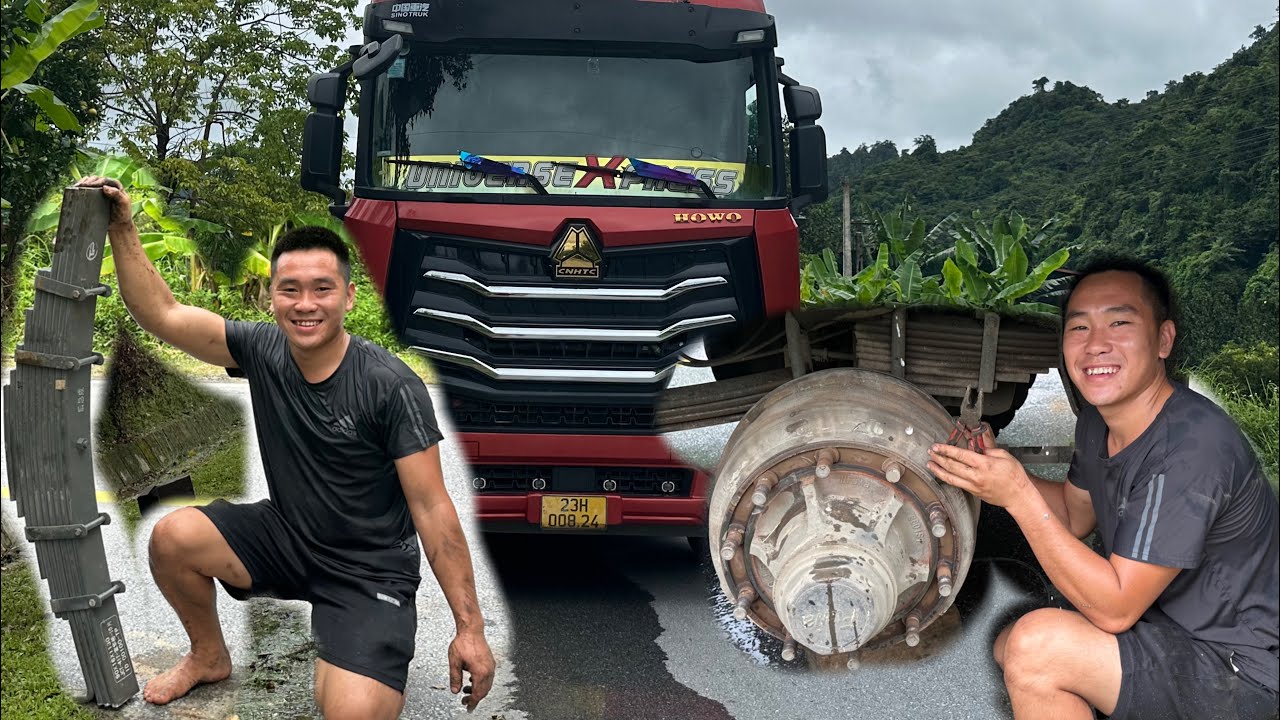 Auto repair: Rescue of a heavy cargo container truck with a broken spring, extremely dangerous