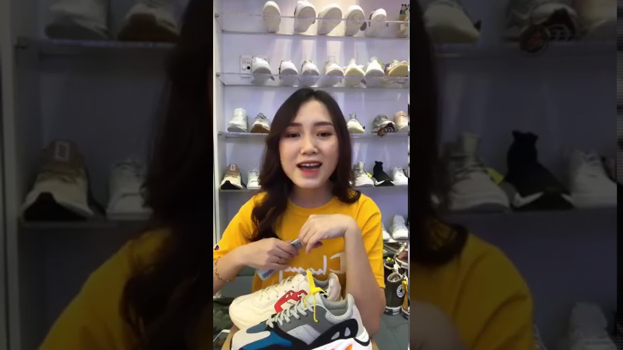 Girl selling shoes and finishing.