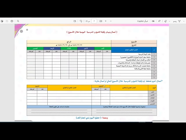 الخطة الإجرائية لوكيلة الشؤون المدرسية 1447 الفصل...
