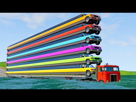 Limousine Long Cars Flatbed Trailer Ramp Truck Car Rescue - Cars vs Deep Water - BeamNG.drive
