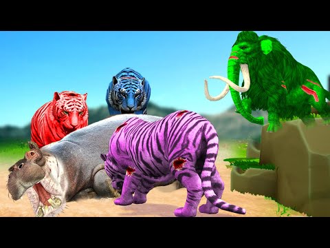 3 Zombie Tigers Vs Hippopotamus Saved by Woolly Mammoth Fight - Mammoth Vs Tigers Battle