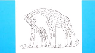 How to Draw Mother Giraffe and Baby Giraffe Easy | Giraffe Drawing | animal Drawing