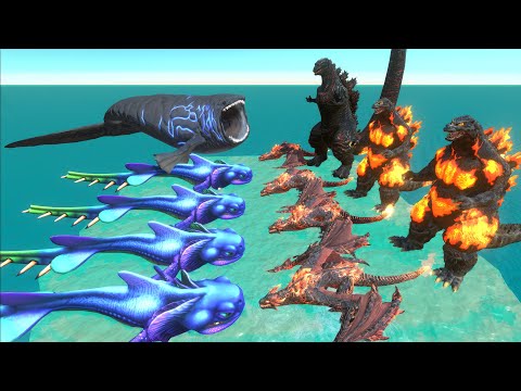 Aquatics Battle - The Bloop VS Fire Team Lava Dragon x Godzilla - Animal Revolt Battle Simulator