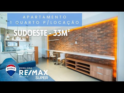 Locação no Sudoeste: 33 m², 1 Quarto, Cozinha Americana, Mobiliado, vaga de garagem e Lazer Completo