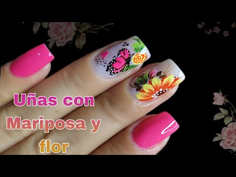 Diseño De Uñas con MARIPOSA🦋 y flor 🌻/DISEÑO en uñas CORTAS #nailart #uñasdecoradas #arteenuñas