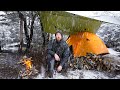 CAMPING IN SNOWSTORM - Heavy SNOW and Heavy RAIN - Winter Tent Camping