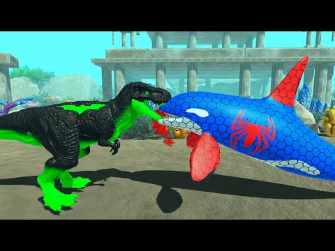 GREEN BATMAN VS SPIDER-MAN. T-REX VS ORCA - Animal Revolt Battle Simulator