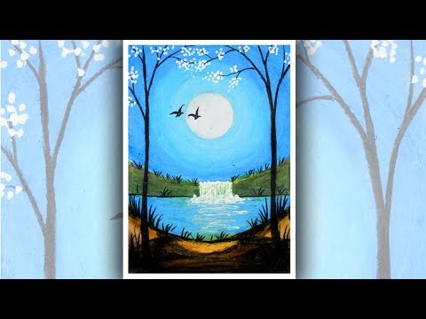 Moonlight Waterfall scenery drawing with oil pastels, Easy Oil pastel drawing for beginners