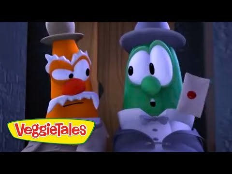 Two VeggieTales characters in formal attire—orange one with a top hat and white mustache and a green cucumber-like character in a bow tie—stand side by side, looking surprised, with a VeggieTales logo in the corner.