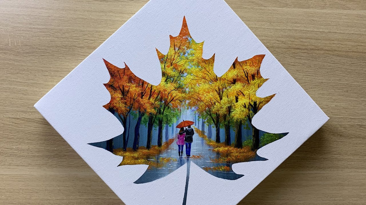 Daily challenge #157 / Tape Art / Maple silhouette - Couple In Love Walking In The Rain