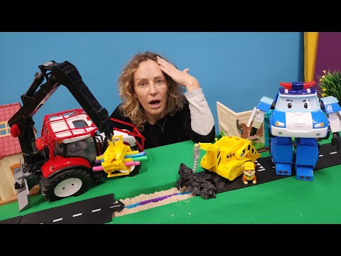 Spielspaß mit Nicole und Robocar Poli - Die Spielzeugautos reparieren einen Rohbruch
