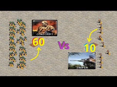 60 Conscripts vs 10 Snipers - Same Cost Battle: Red Alert 2