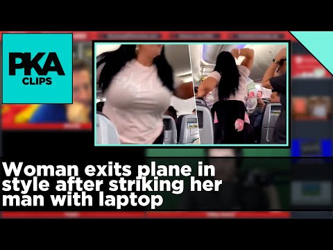 Woman exits plane in style after striking her man with laptop - PKA Clip