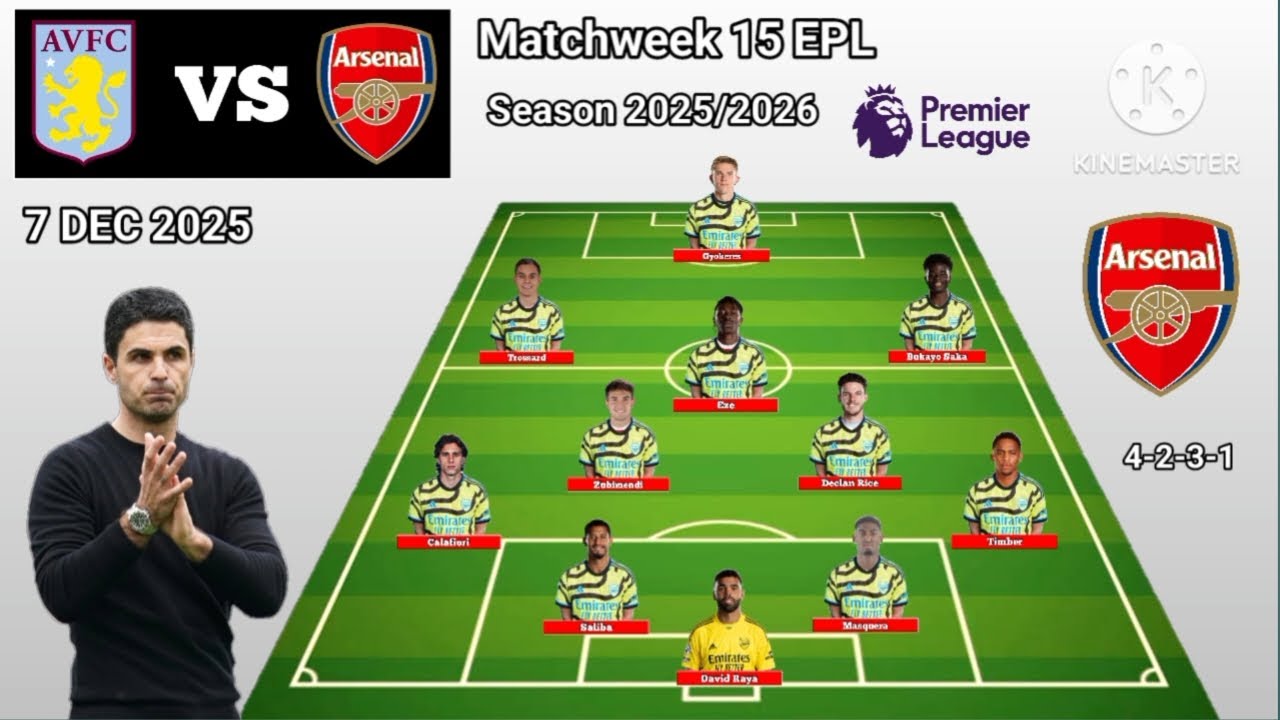 Aston Villa vs Arsenal Line Up 4-2-3-1 Formations With Calafiori Matchweek 15 EPL 2025/2026