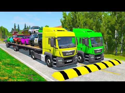 Flatbed Trailer Truck Potholes Transport Car Rescue - Cars vs Deep Water - BeamNG.drive