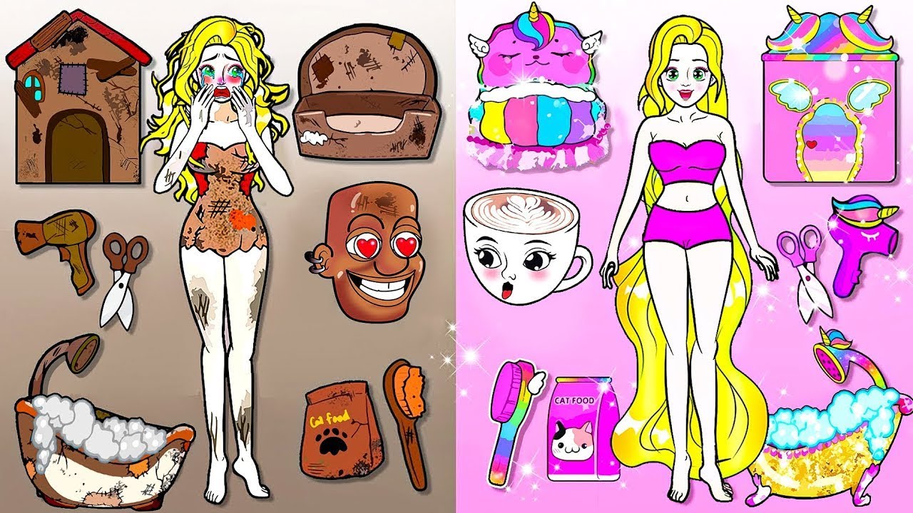 Paper Dolls Dress Up - Princess Glow Up in Rapunzel Rich vs Poor Pink Fashion - Rapunzel Family
