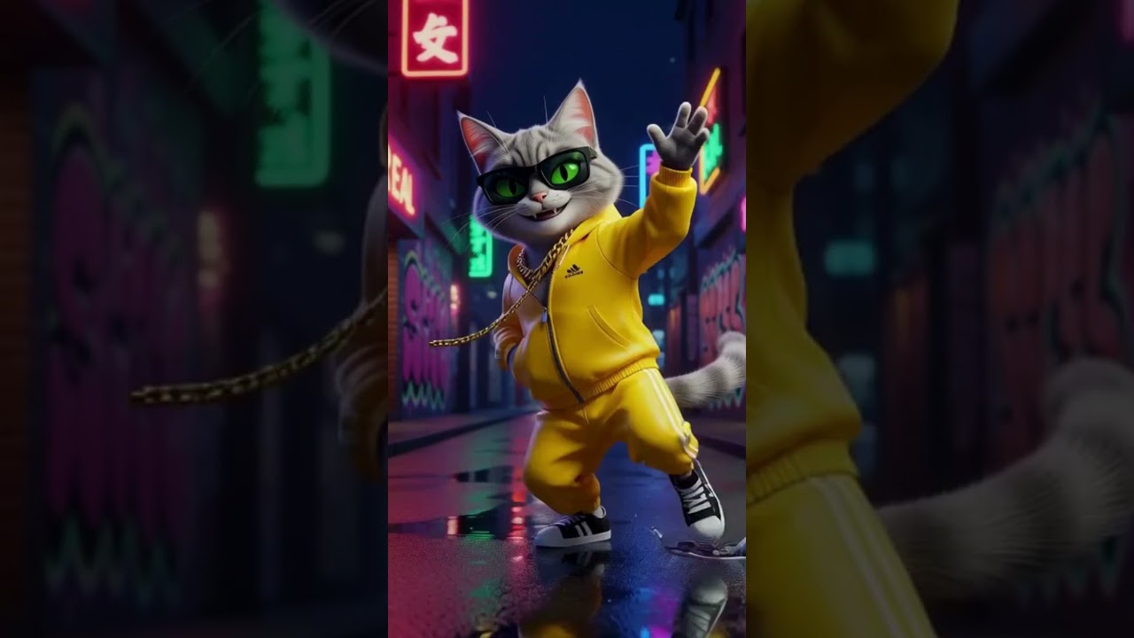 Cool Cat in Yellow Tracksuit Dancing on the Streets | AI Realistic Cat Dance 4K