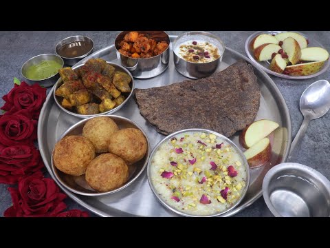 Gluten-Free Aloo Kachori (Vrat) with Misri Mawa, Sweet Potato Fry, Arbi Fry, and Kuttu Roti – Festive Thali