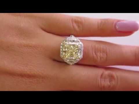 “Canary” 6.27ctw Natural Fancy  YELLOW Radiant Cut Diamond Diamond Halo Pave Platinum Ring