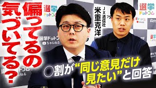 で「設計しながらもっと偏るかと思ってた」ってこの’ばかりを見たい’なんて文言入れりゃそら偏るでしょうよもっと偏った数字が欲しかったのか?一般国民さんはこんなに愚民ですっていう - “違う意見は見たくない”が◯割!? あなたもエコーチェンバーにハマってる?意識調査から読み解く!【米重克洋】|選挙ドットコム