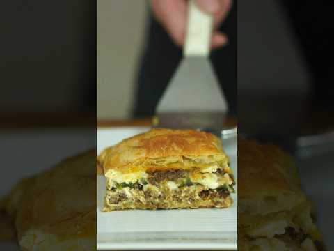 Phyllo Meat Pie (Egyptian Goulash) with roasted Poblanos and Monterey Jack Cheese