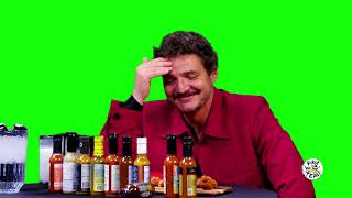 Pedro Pascal sighs at the sight of "Taco Vibes Only" sauce Hot Ones green screen