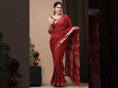 Fastival Wear Hand Block Printed Linen Saree