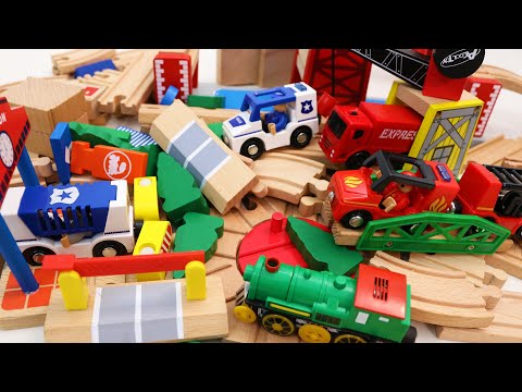 Wooden Train Tracks with Movable Bridge - Fire Truck, Police Car, Excavator Toys