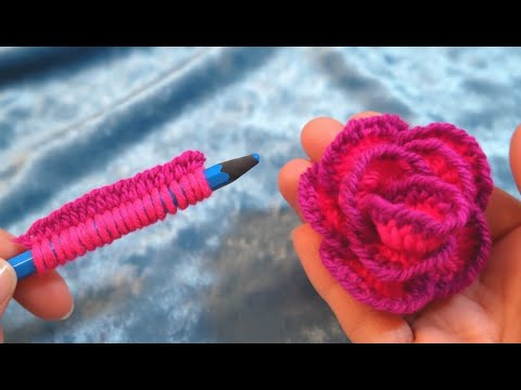 Amazing Rose Flower Making Idea with Pencil - Hand Embroidery Design Trick - DIY Woolen Flowers