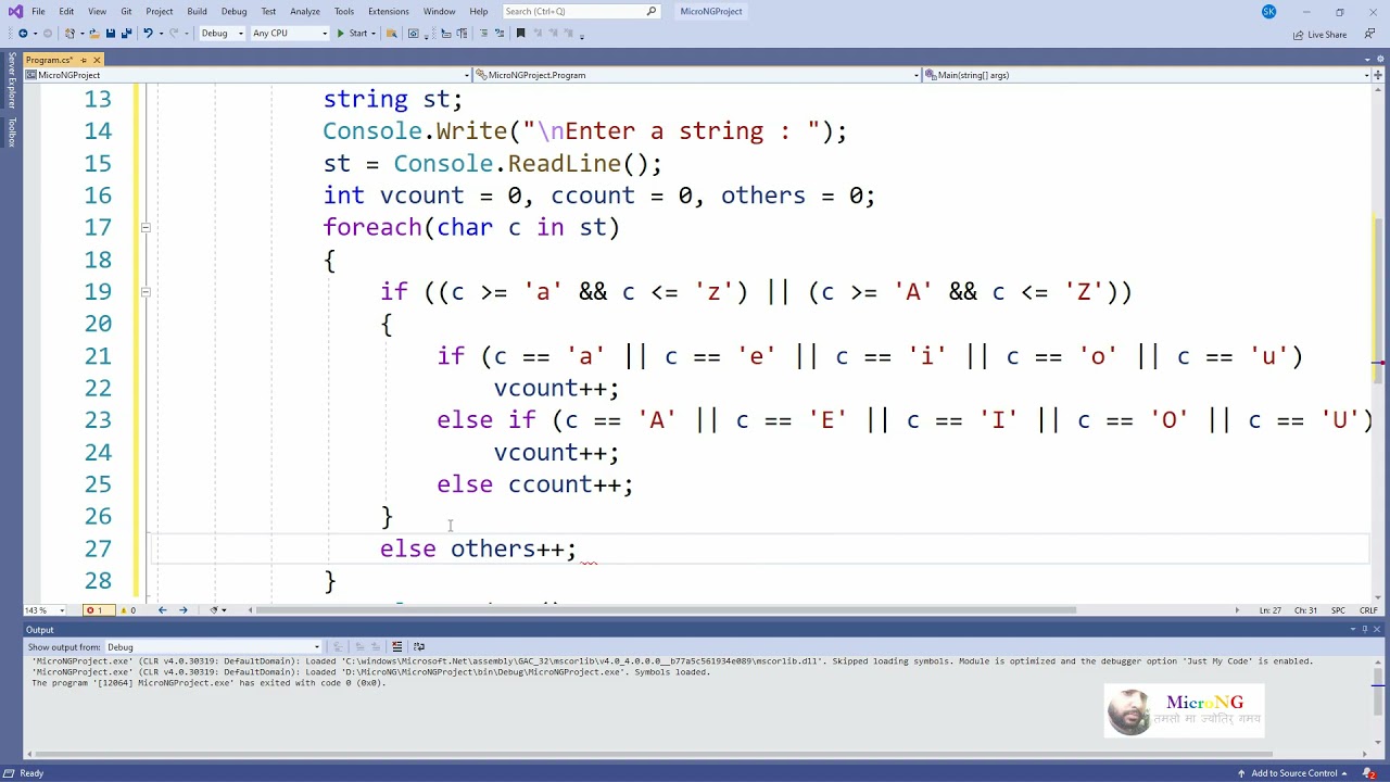 C# program - count vowels and consonants in a string